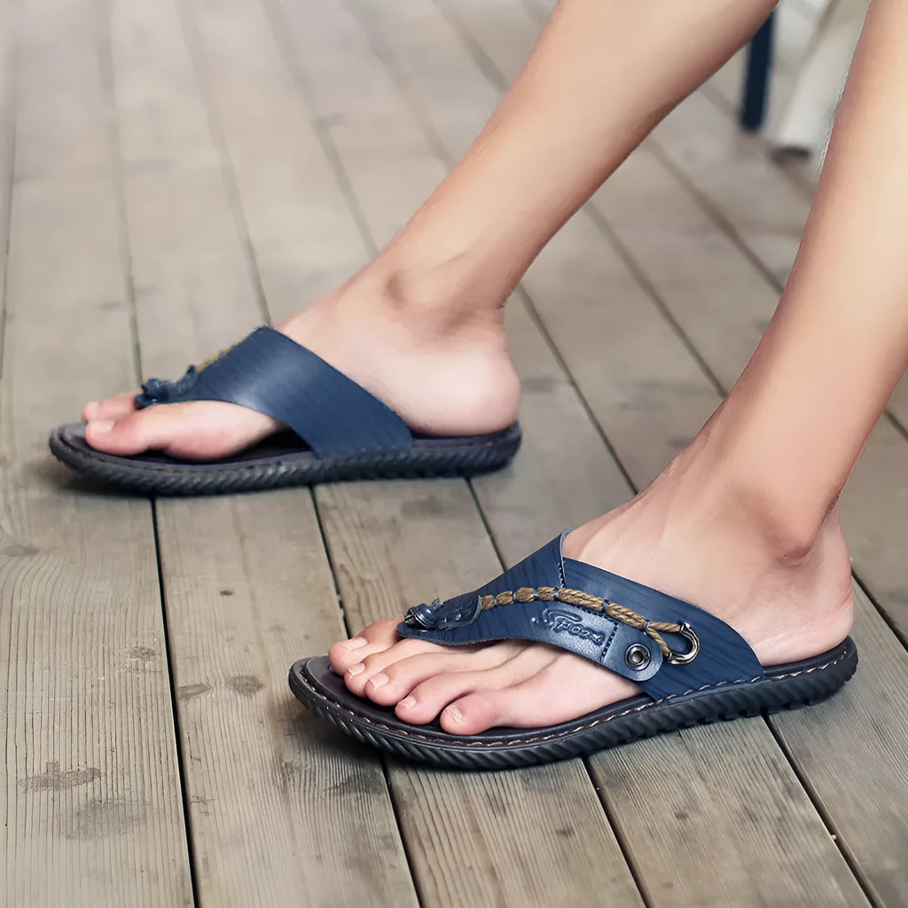 Men's casual slippers with PU leather upper in four colour options showing non-slip sole design