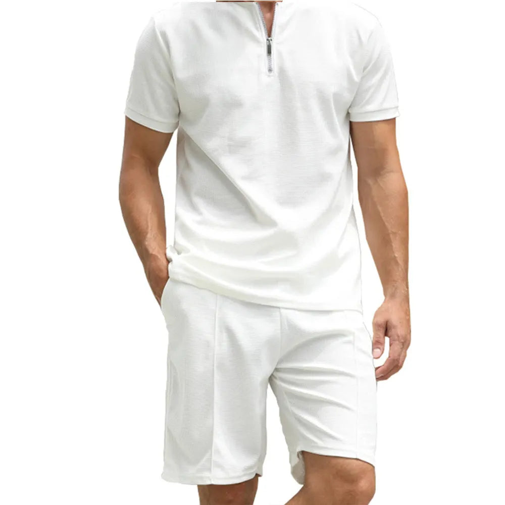 Men's solid colour short sleeve polo shirt and matching trousers two-piece suit set