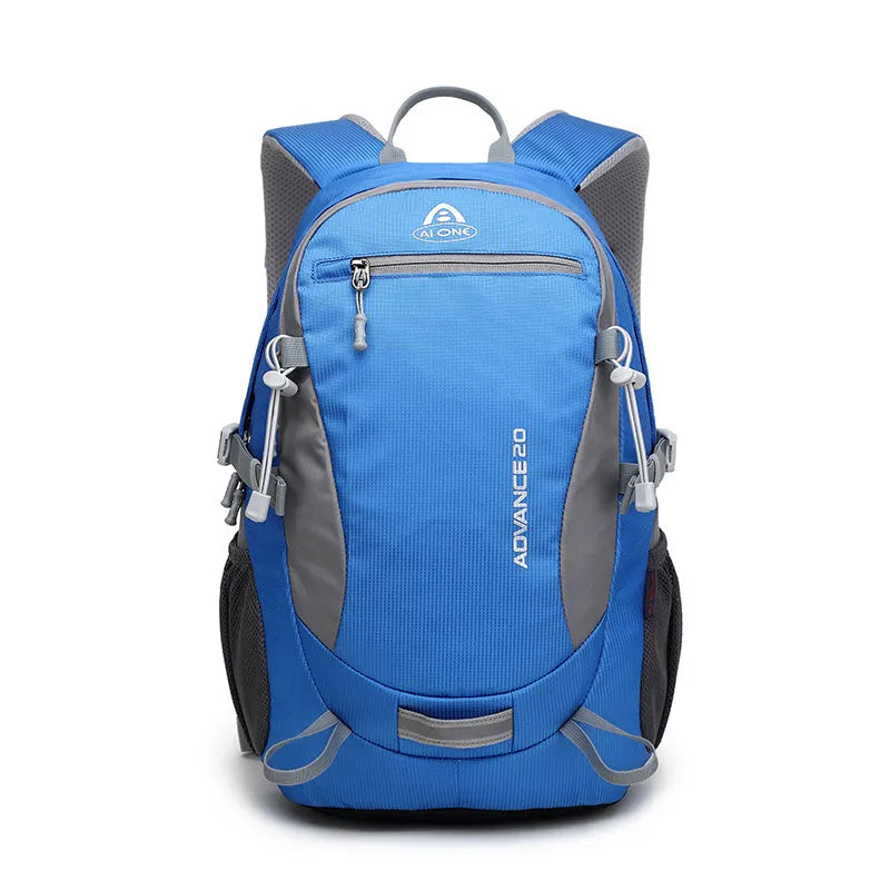 20-litre backpack shown in available colours: black, blue, green, orange, red, rose red, turquoise.