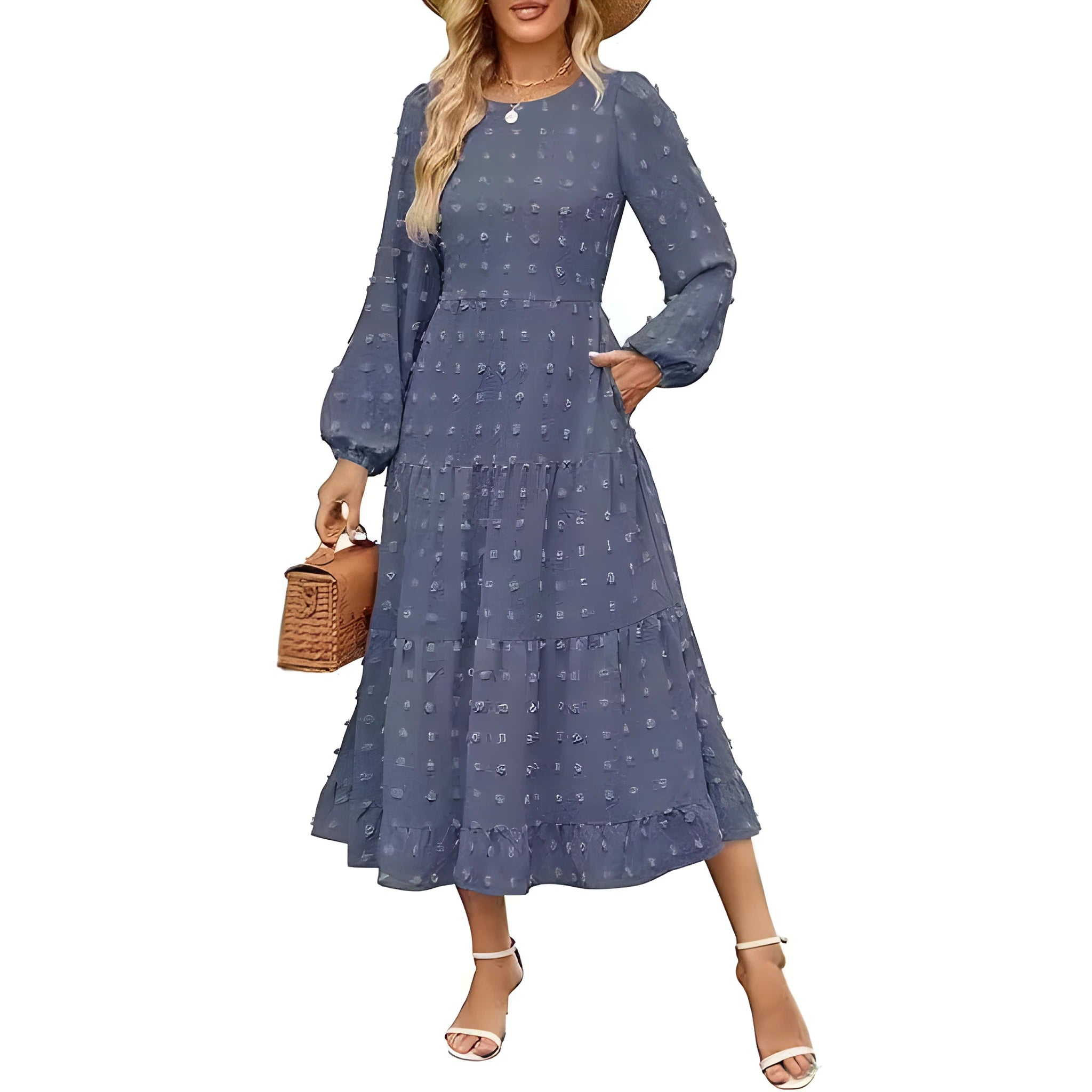 Women's long sleeve high waist dress with ruffled sleeves in a solid colour.