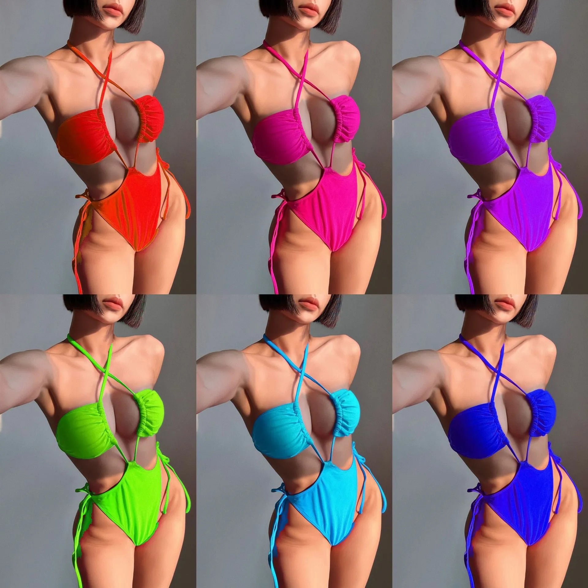 Women's black drawstring waist one-piece swimsuit on a hanger