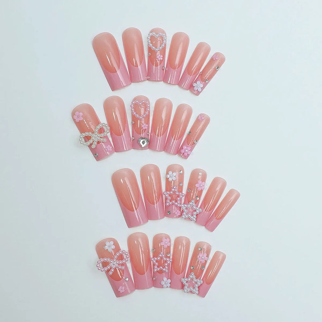 French manicure false nails with spot drill bow decoration in XB-70-48 colour with love pattern