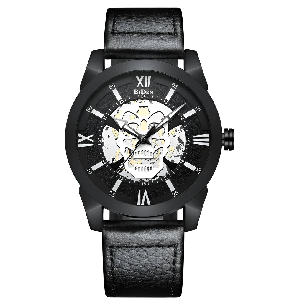 Biden men's hollow dial quartz watch with calendar display on leather strap