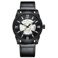 Biden men's hollow dial quartz watch with calendar display on leather strap