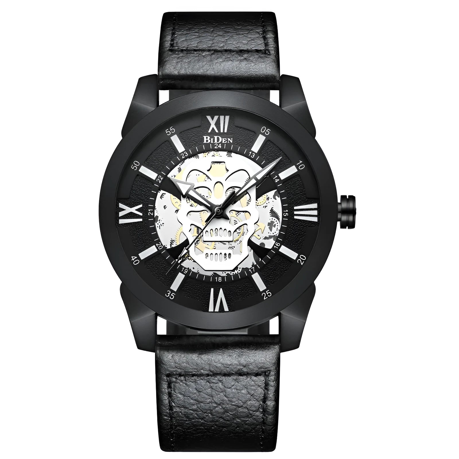 Biden men's hollow dial quartz watch with calendar display on leather strap