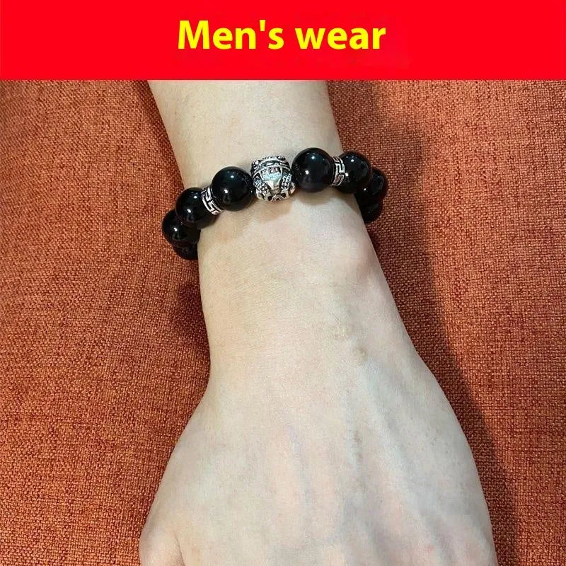 Natural obsidian and silver 999 unisex bracelet in simple style, showing 12mm and 10mm size options.