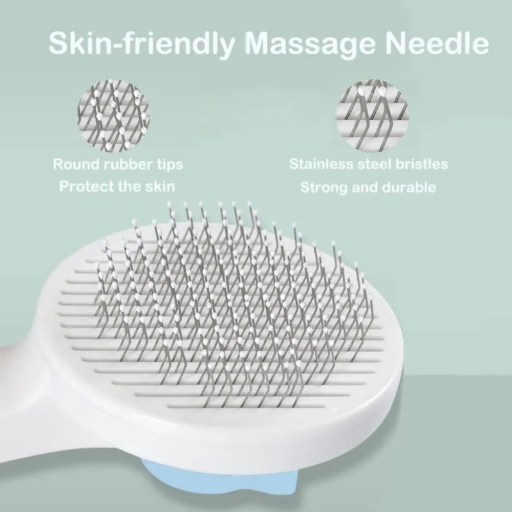 Self-cleaning pet brush with rubber handle and massage needles for cats and dogs