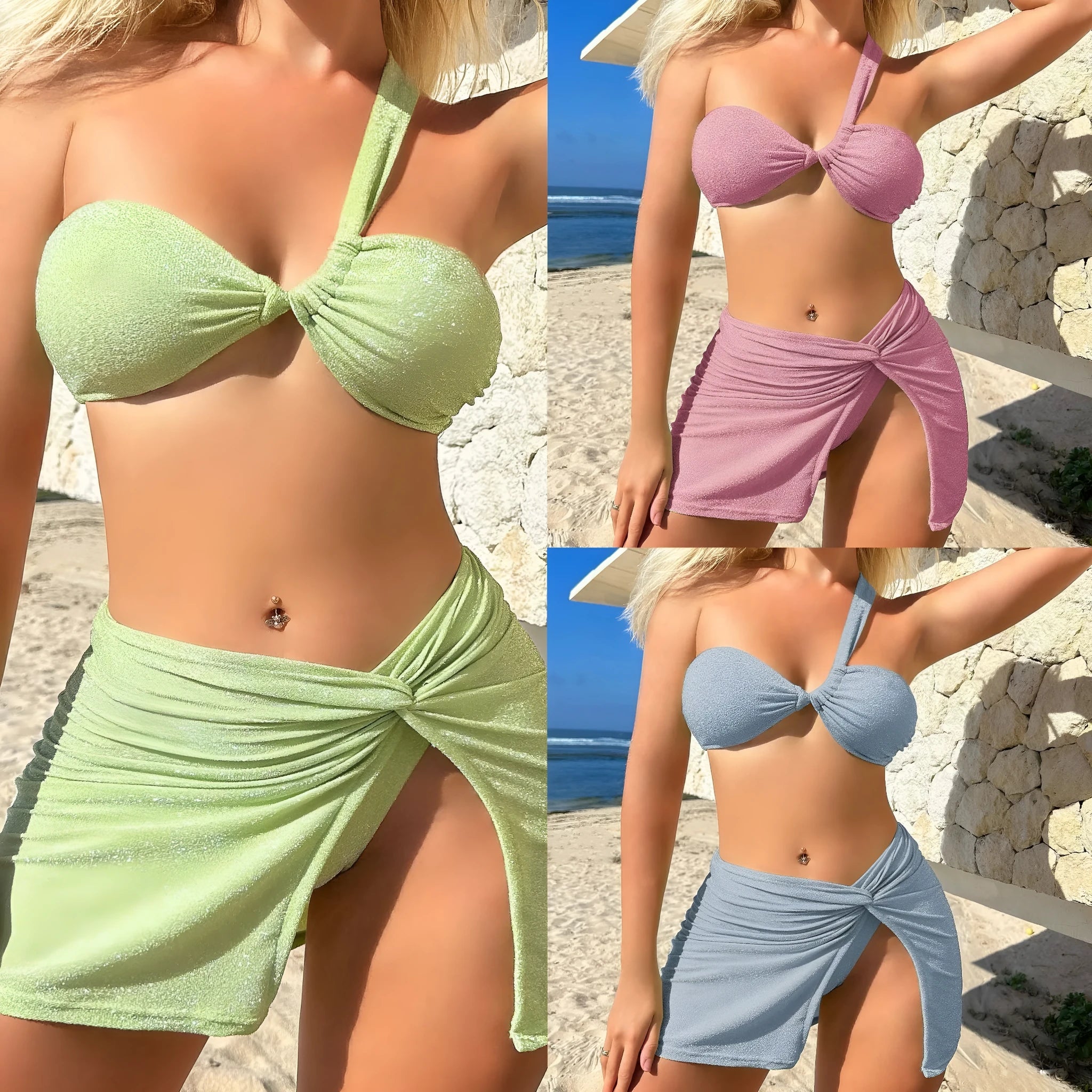 Light green one-shoulder tube top swimsuit set with high-waisted bottoms and matching skirt laid flat.