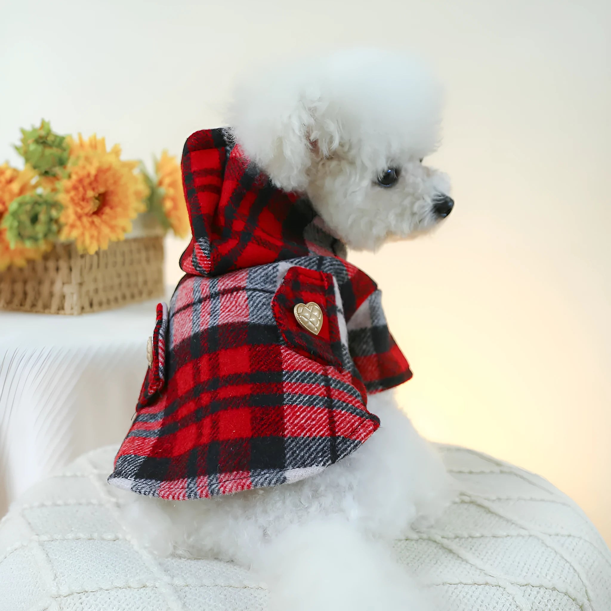 Red plaid dog trench coat for winter wear with size measurements displayed