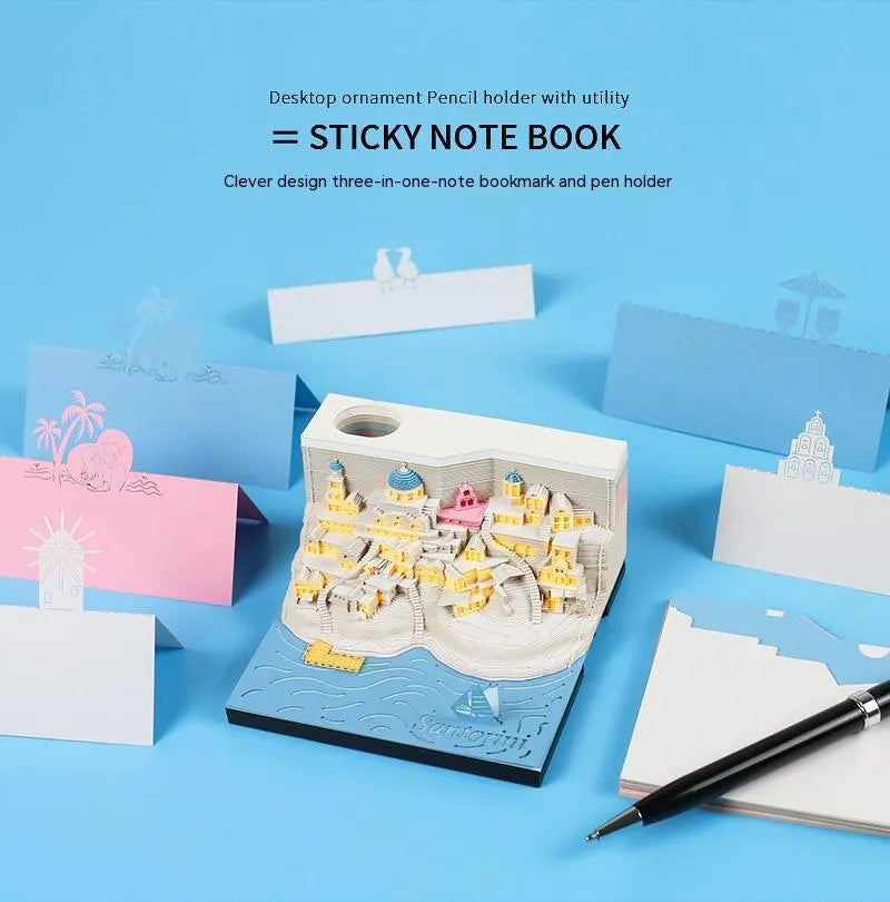 Santorini 3D paper carving notepad building model with LED lighting measuring 9x9x5 cm