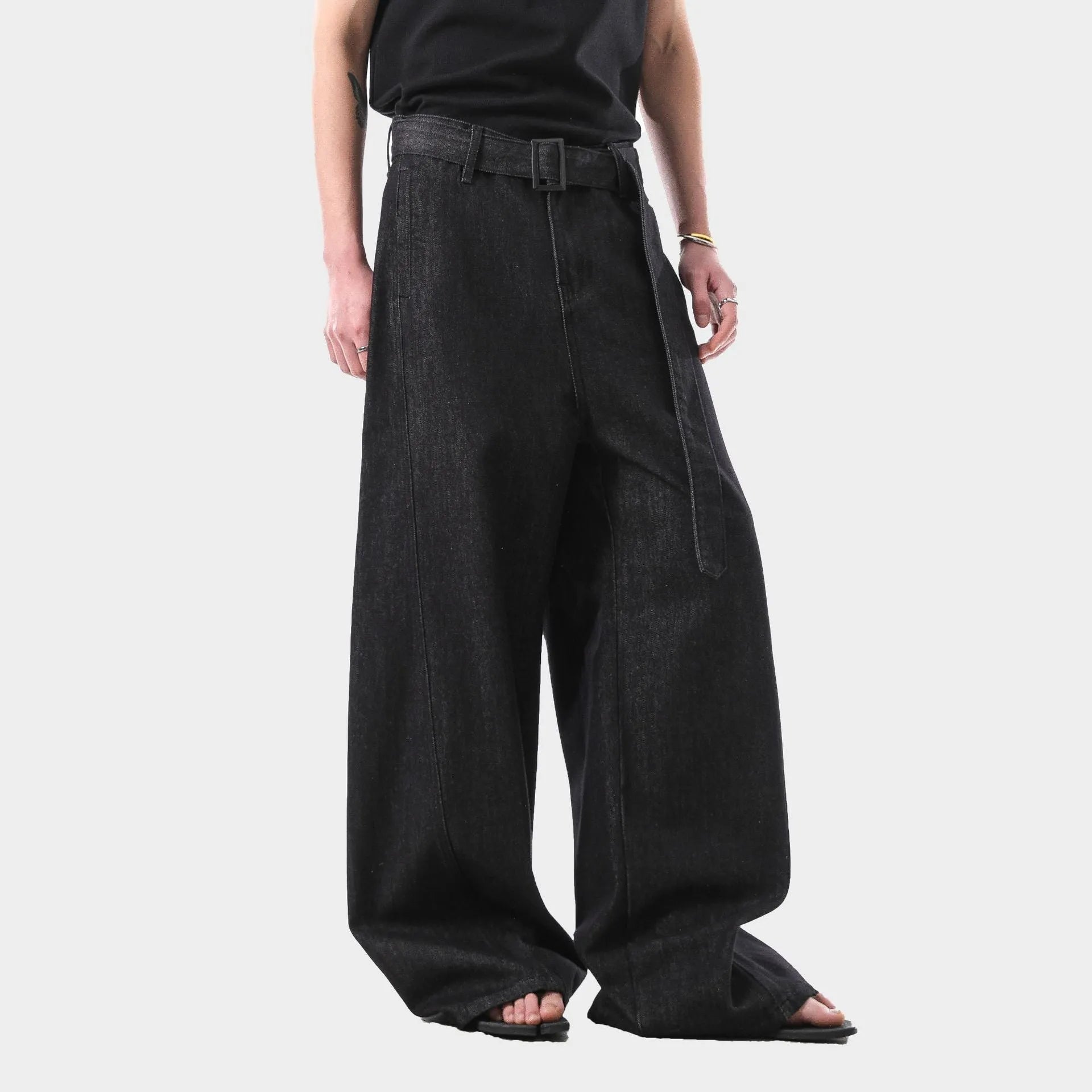 Black gold high-waisted straight-leg women's jeans on a model