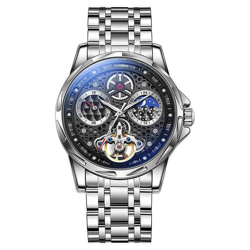 Men's automatic watch with luminous hands on a steel bracelet, showing a black dial and case.