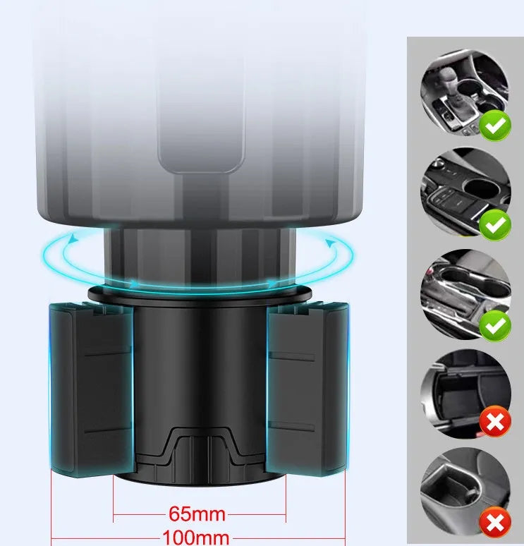 Matte black car cup holder expander with adjustable base for large drink bottles and travel cups.