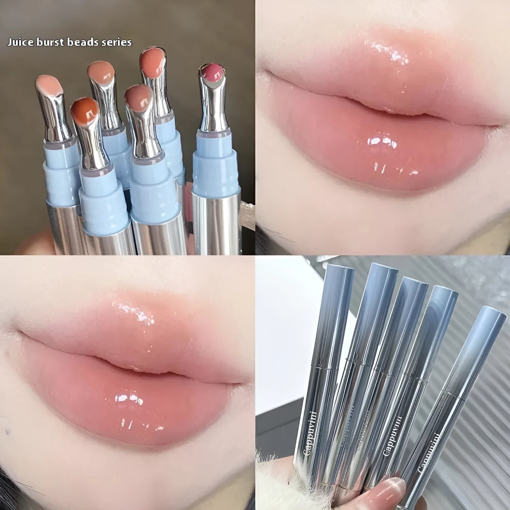 Mirror Water Light Lip Gloss Lipstick in six sheer shades: Almond Ice, Silver Ice, Pear Ice, Raspberry Ice, Peach Gum Ice, Pomegranate Ice.