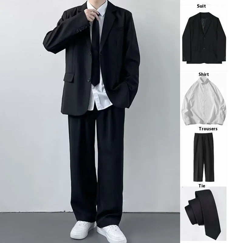 Plus size men's grey suit jacket and trousers set with white shirt and blue tie on a hanger