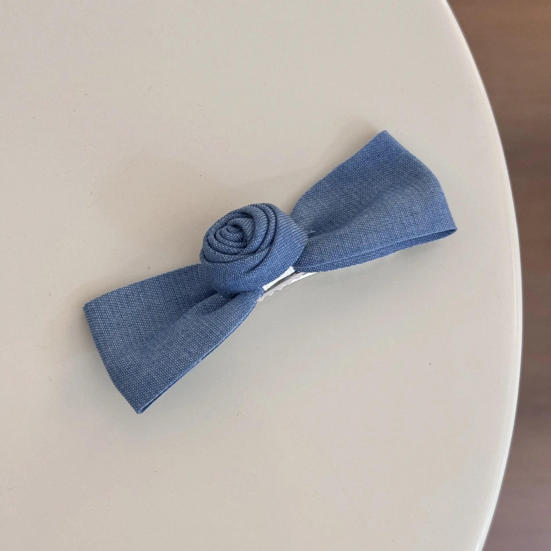Hand-made pastoral cloth barrettes with beige lace and blue bow designs for women's hair