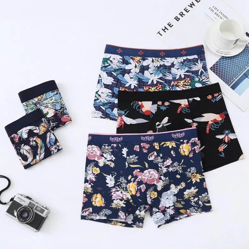 Purified cotton men's boxer shorts with U-shaped design in floral patterns