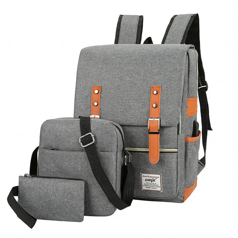 Three-piece backpack in Oxford cloth with curved shoulder straps and large computer compartment