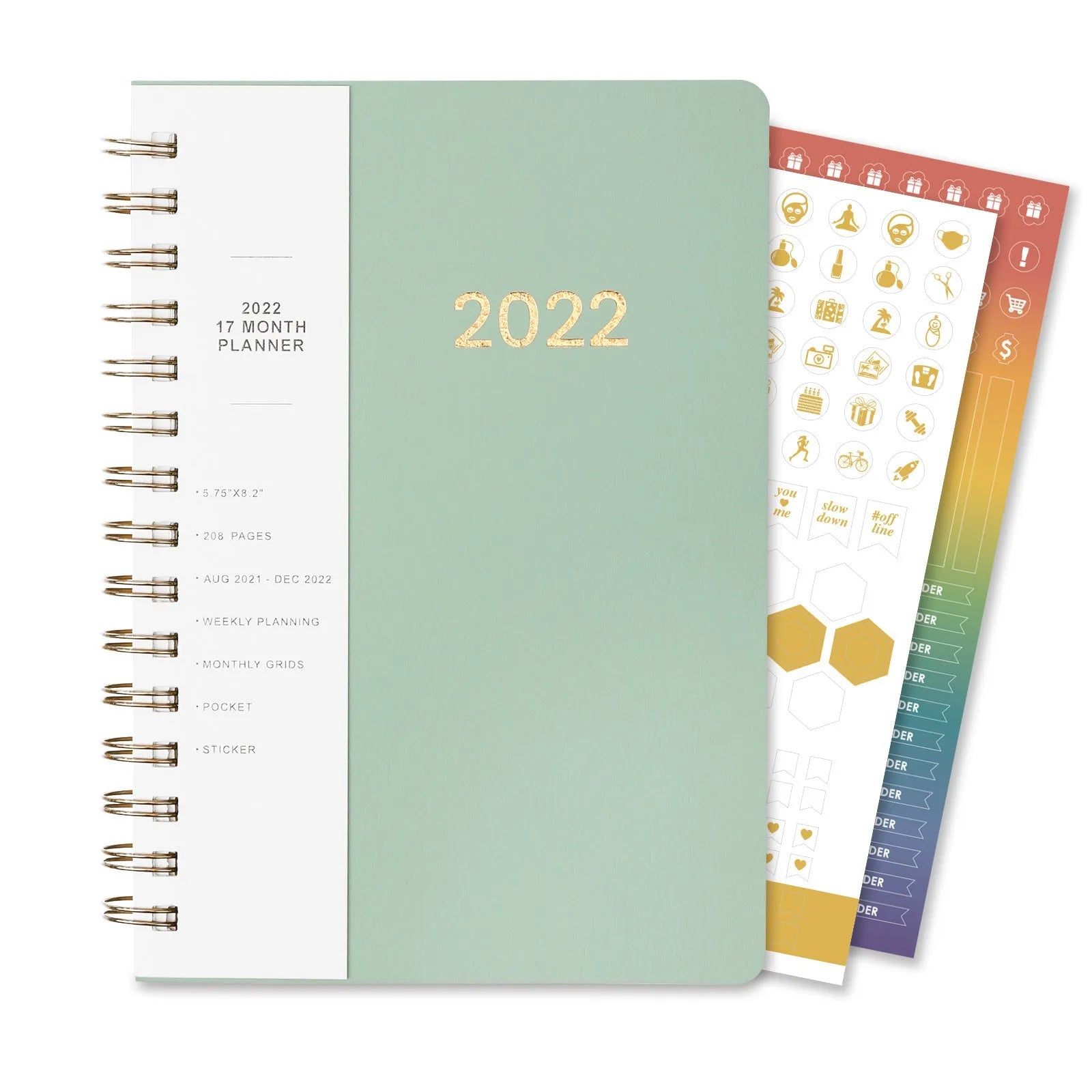 Blue or green PU leather student planner with weekly calendar pages and interior pockets
