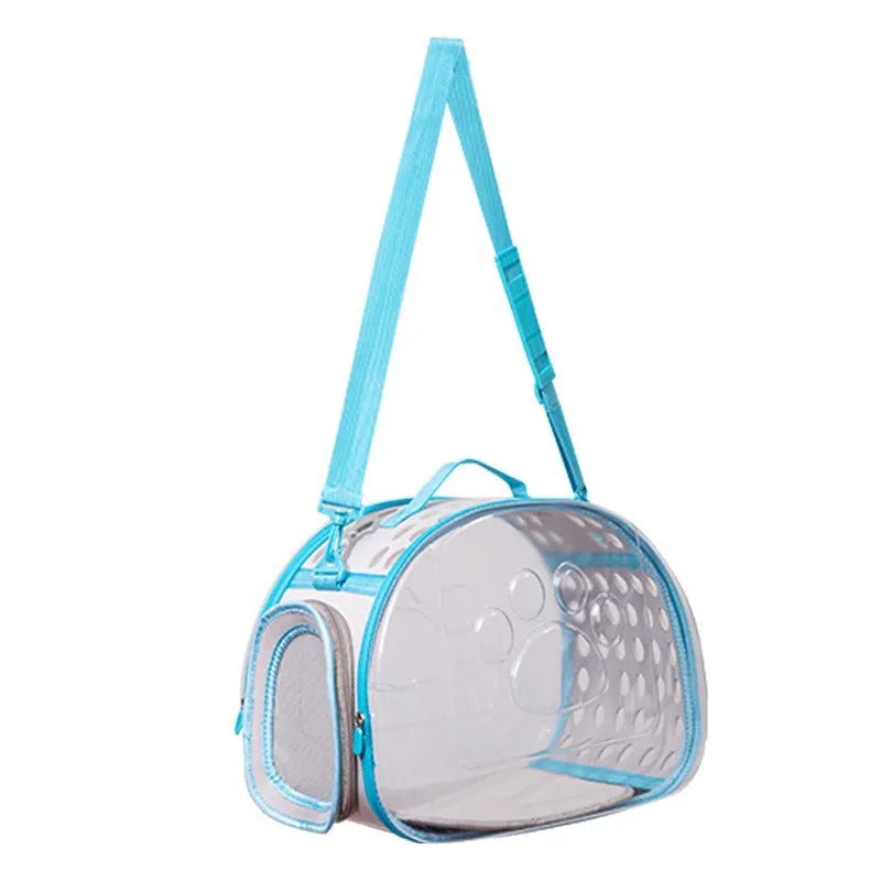 Transparent EVA cat backpack carrier in space capsule design showing interior space