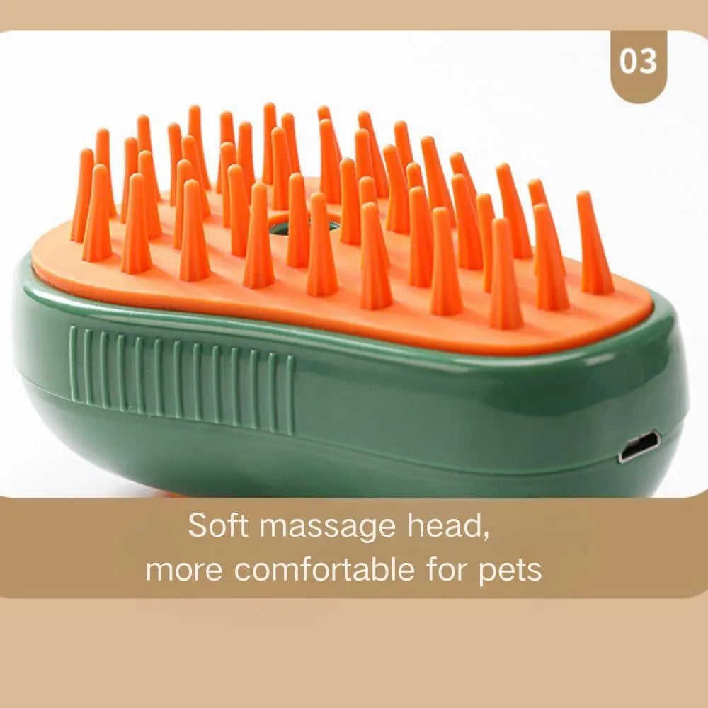 Green and white rechargeable cat steam brush with water spray function and silicone teeth