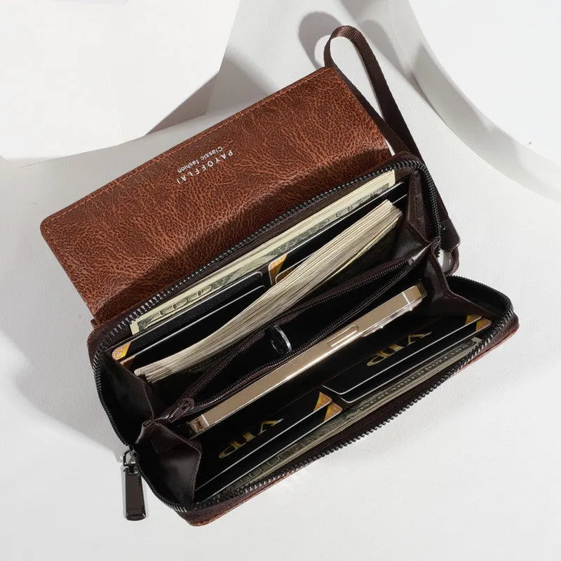 Men's black PU leather long wallet with multiple card slots, showing dimensions.