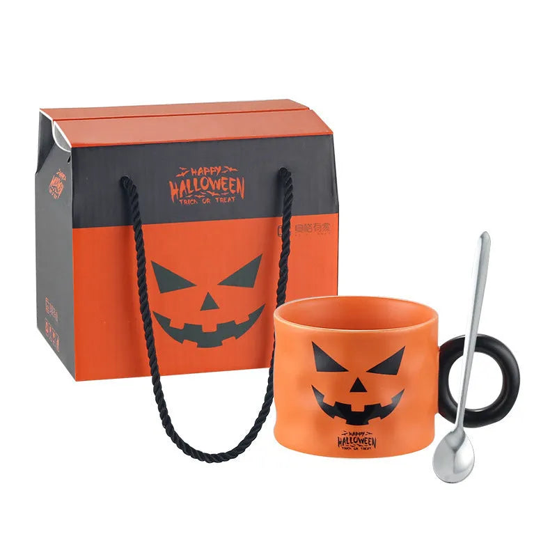 15cm orange ceramic pumpkin mug with handle, dessert spoon, and gift box packaging