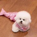 Blue or pink mermaid costume with scaly tail and bow on a small cat or dog