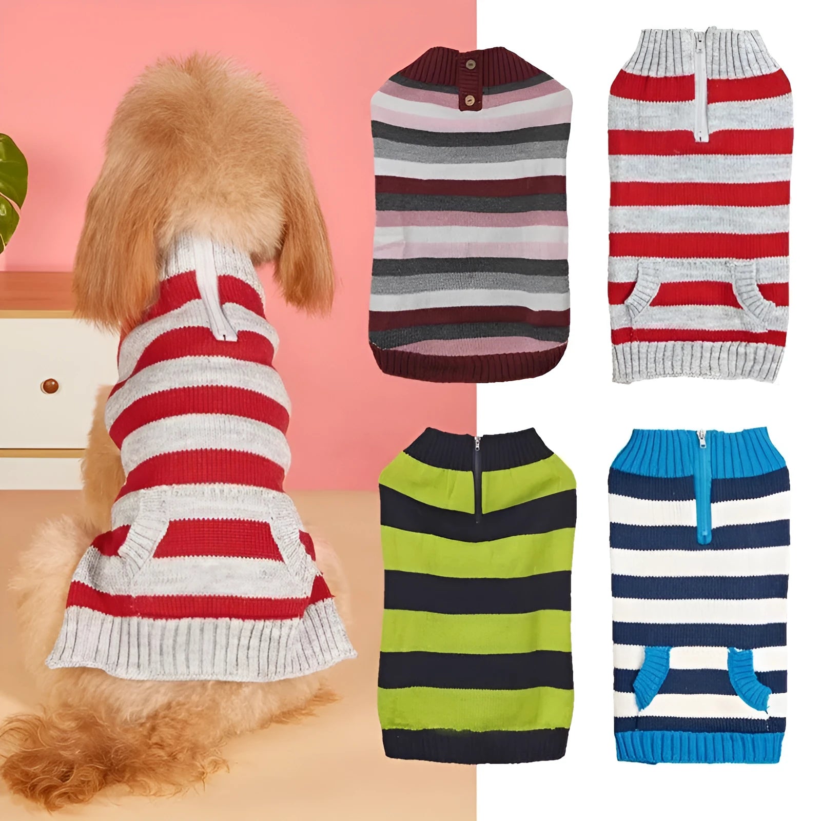 Grey dog sweater with blue horizontal zipper and button pockets on small dog