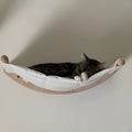 Solid wood cat wall hanging scratching post with climbing frame and hammock in natural wood colour