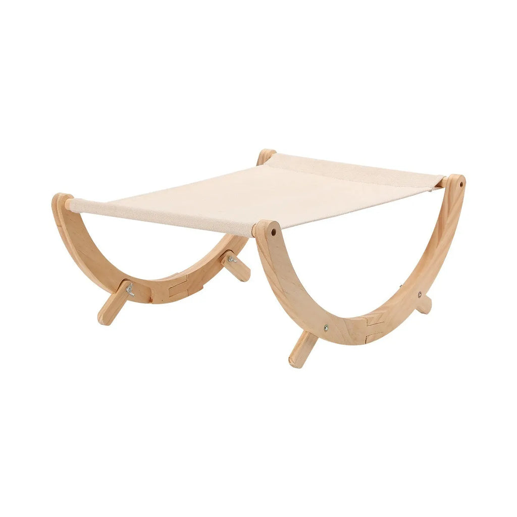 Solid wood frame foldable cat hammock bed with a canvas sleeping surface.