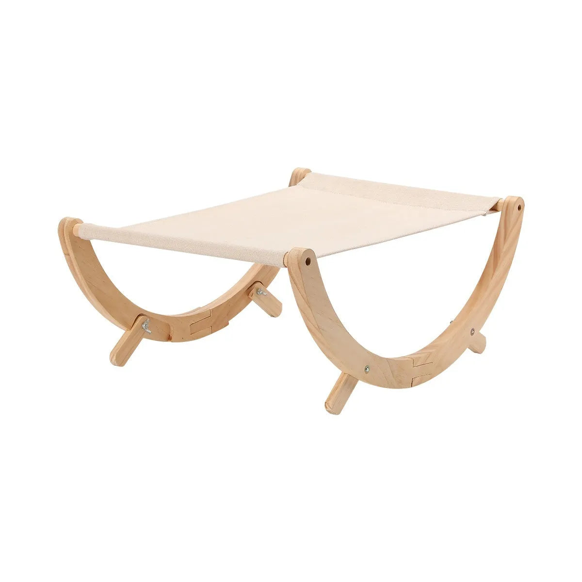 Solid wood frame foldable cat hammock bed with a canvas sleeping surface.
