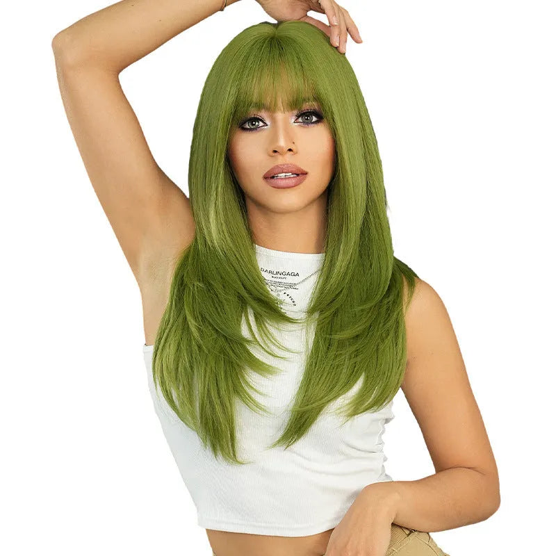 Vanilla green long straight women's wig with bangs measuring 63cm made from domestic silk