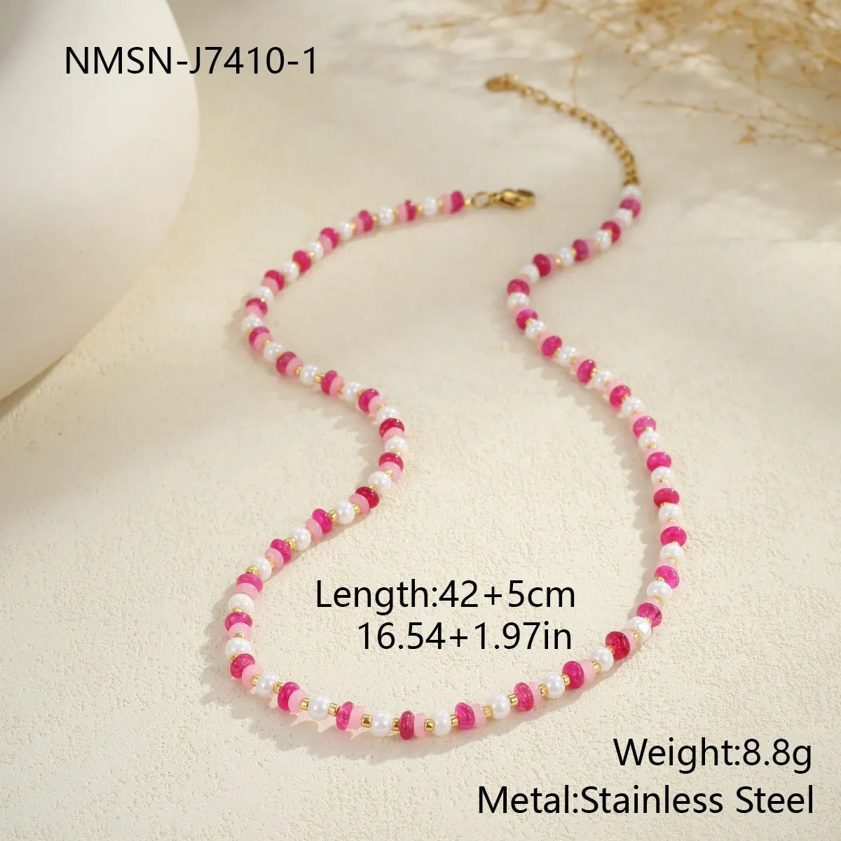18K gold plated stainless steel geometric chain necklace for women, adjustable 41-50cm, pink or blue colour, fashion OL style, electroplated finish