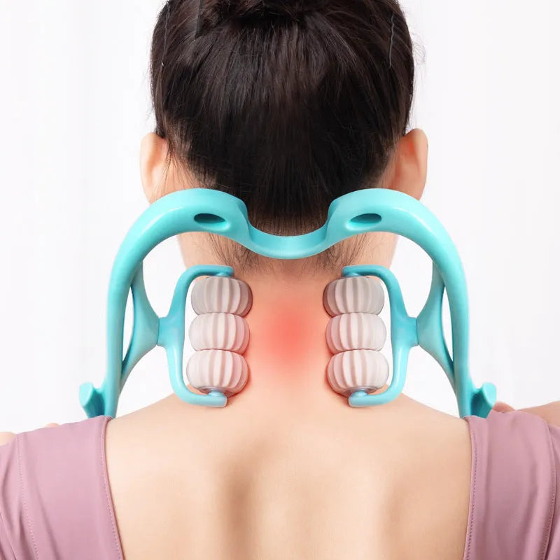Blue plastic six-wheel manual massager for neck, shoulder, and waist