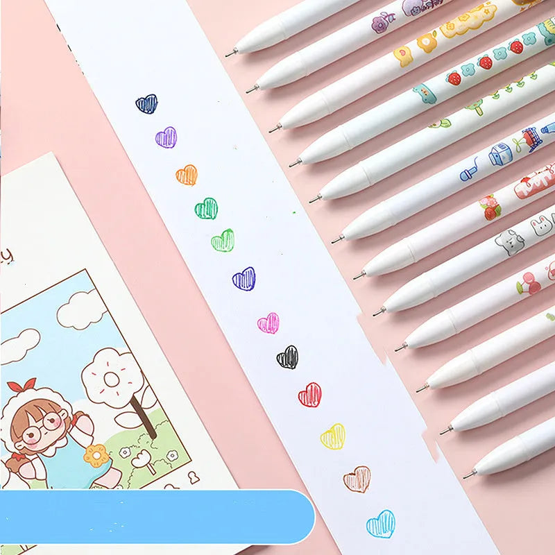 Twelve coloured 0.5mm gel pens in a cartoon-style set for hand account journaling
