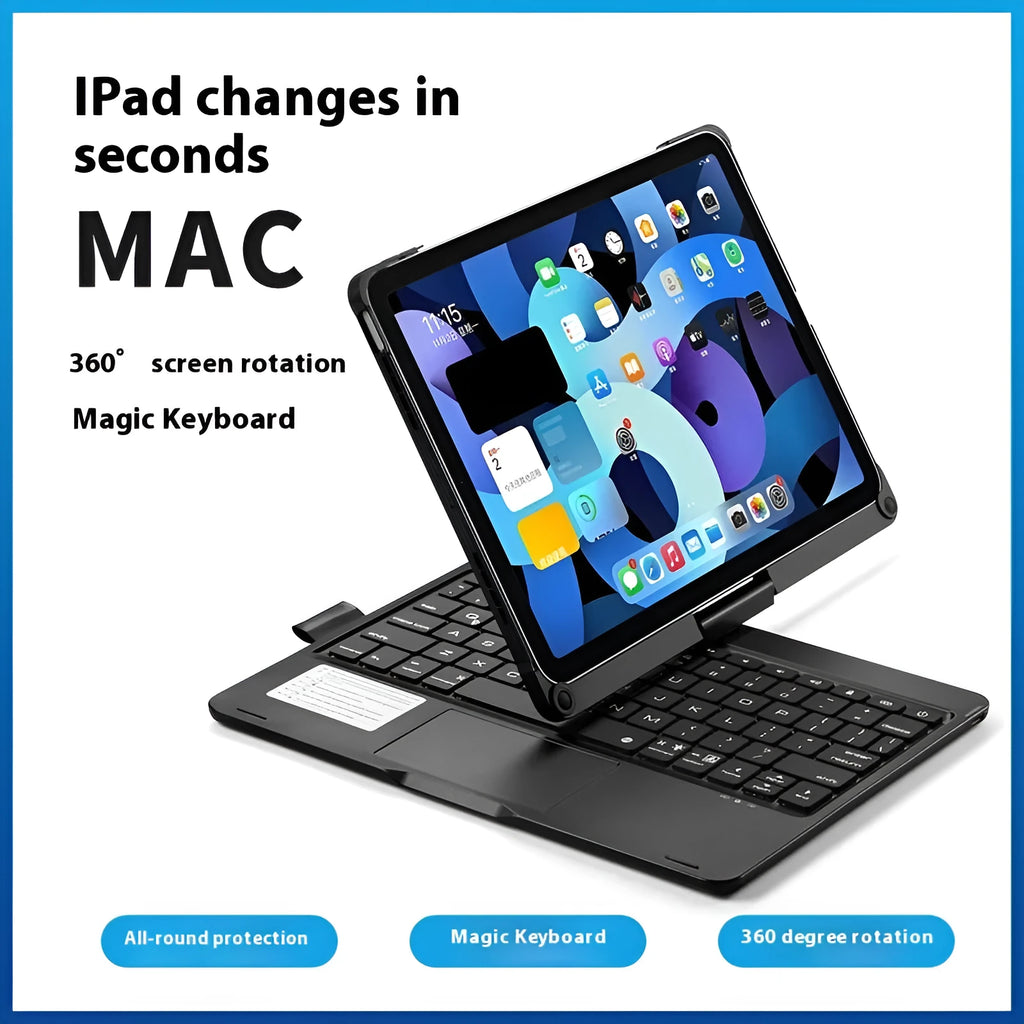 Miaocontrol Bluetooth keyboard with iPad showing 360-degree rotating hinge in rose gold colour
