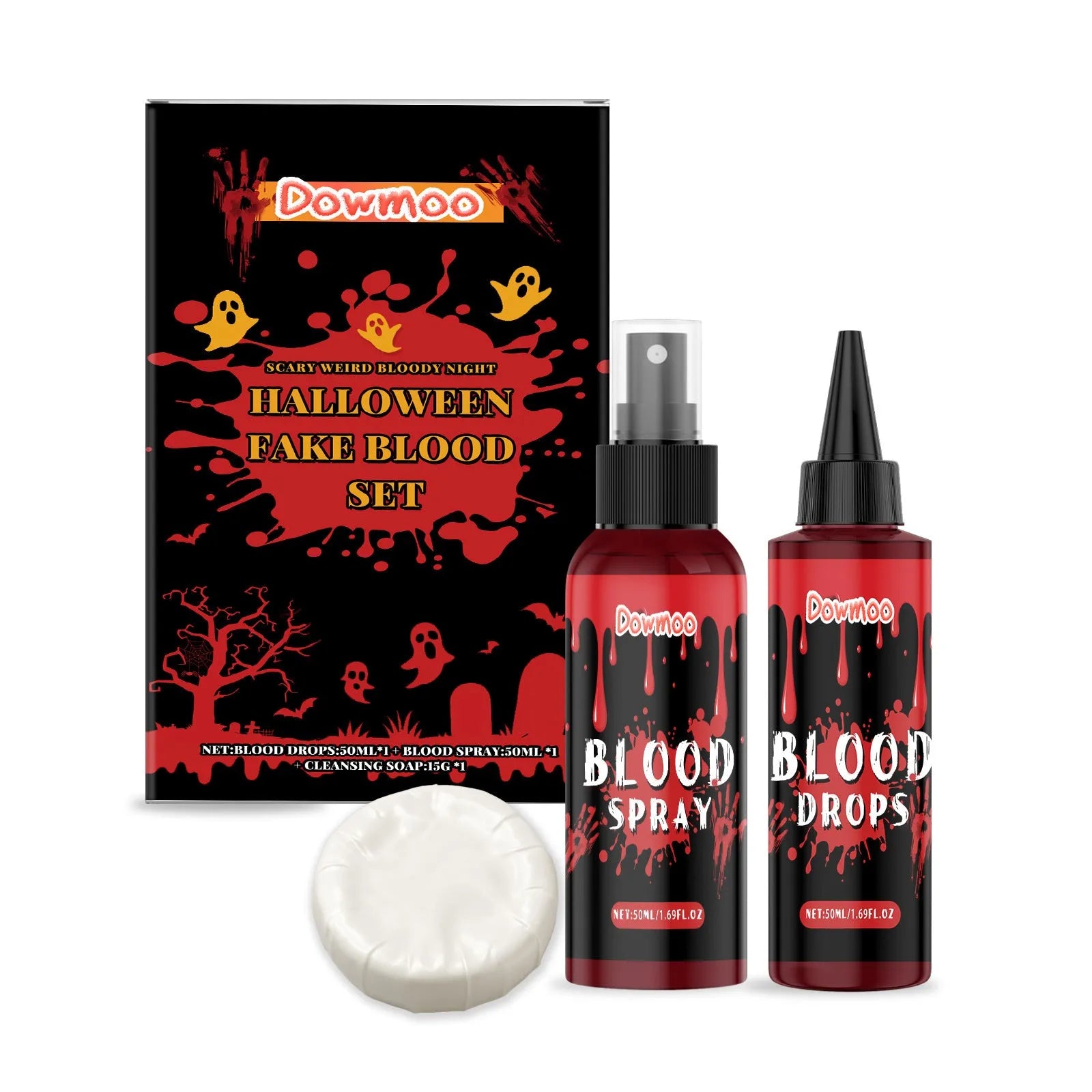 Washable fake blood 3-piece set showing plasma drops bottle, plasma spray, and surface soap for horror special effects