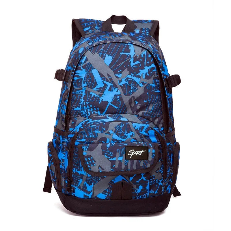 Blue large capacity nylon backpack with padded straps on a plain background