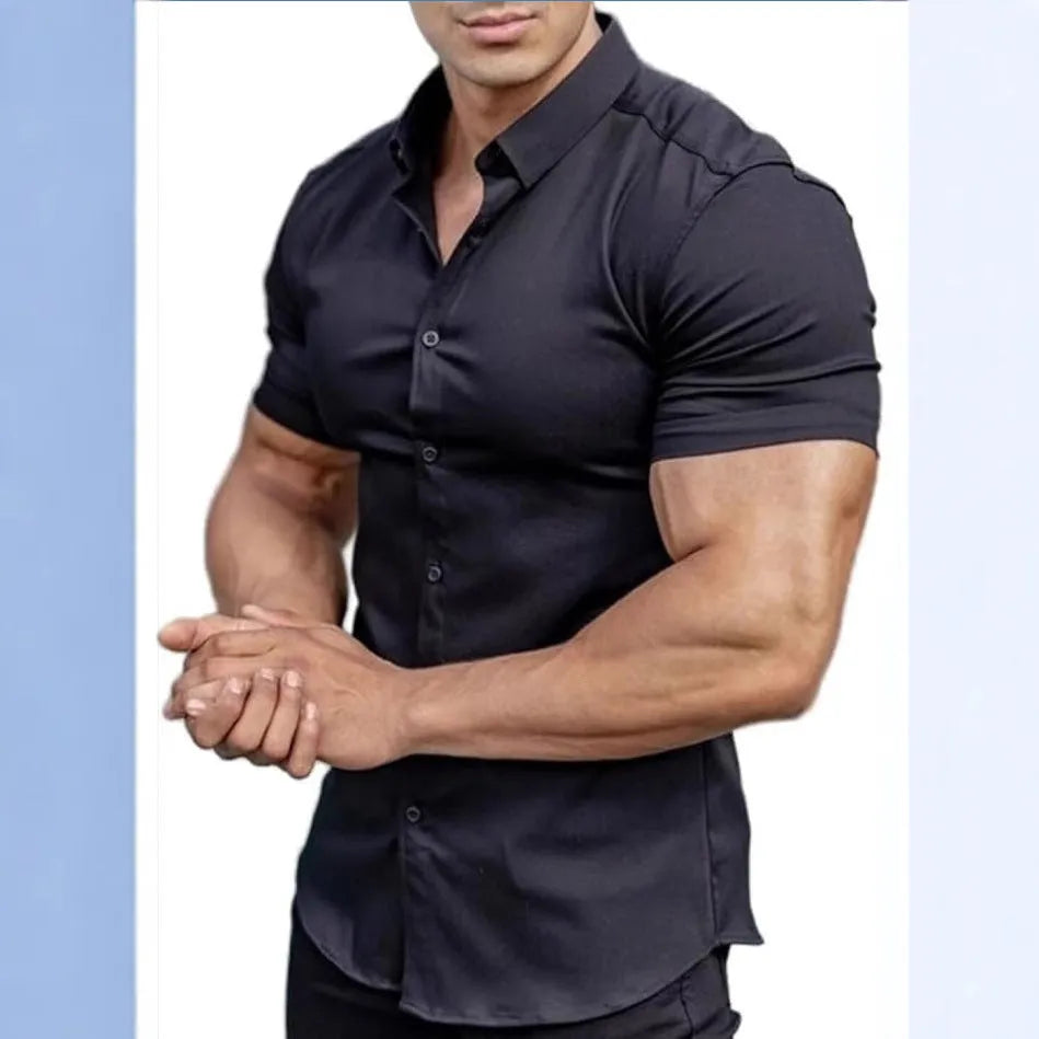 Men's short sleeve printed shirt with collar in polyester fabric available in multiple colours and sizes