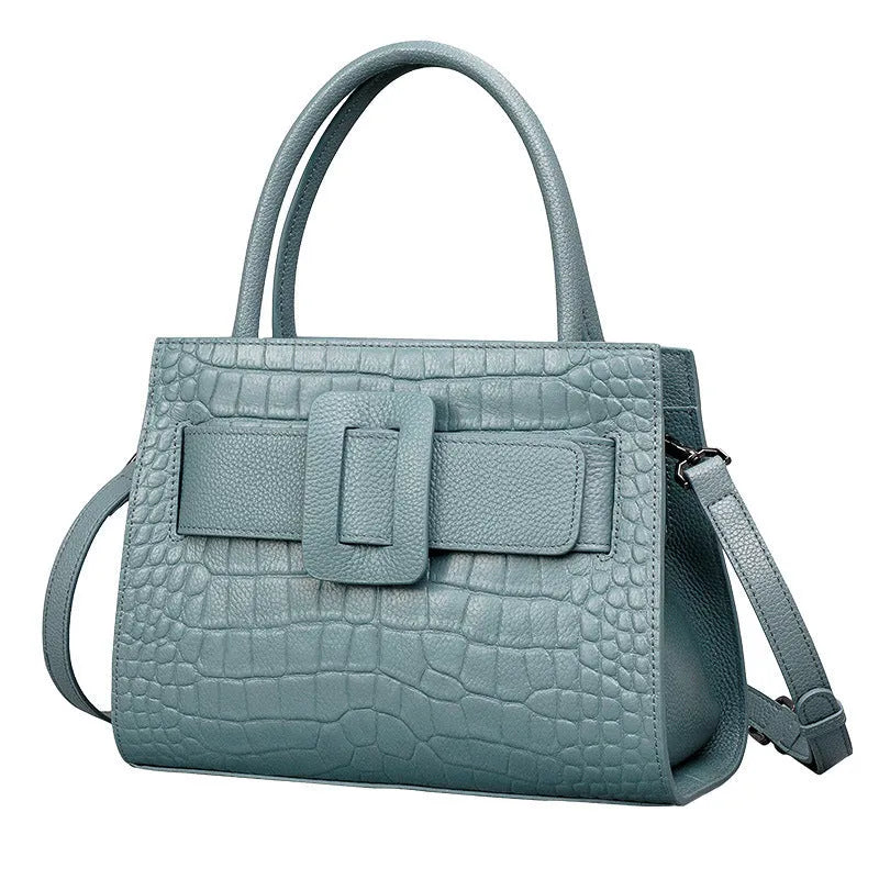 Women's genuine leather crossbody bag with crocodile pattern, double shoulder straps, available in Cloudy Blue