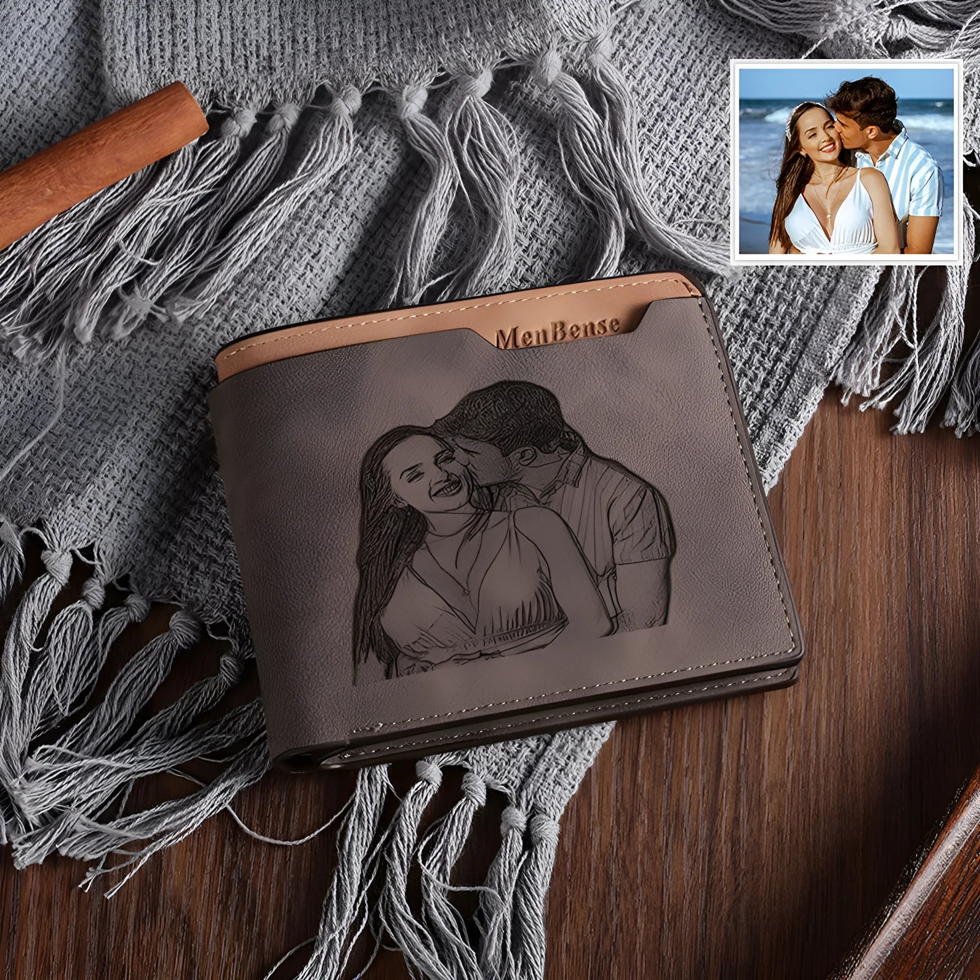 Coffee coloured engraved horizontal short wallet showing photo personalisation and 7 card slots
