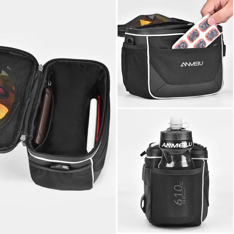 Black 7 inch polyester bicycle bag with hanging straps for handlebar mounting