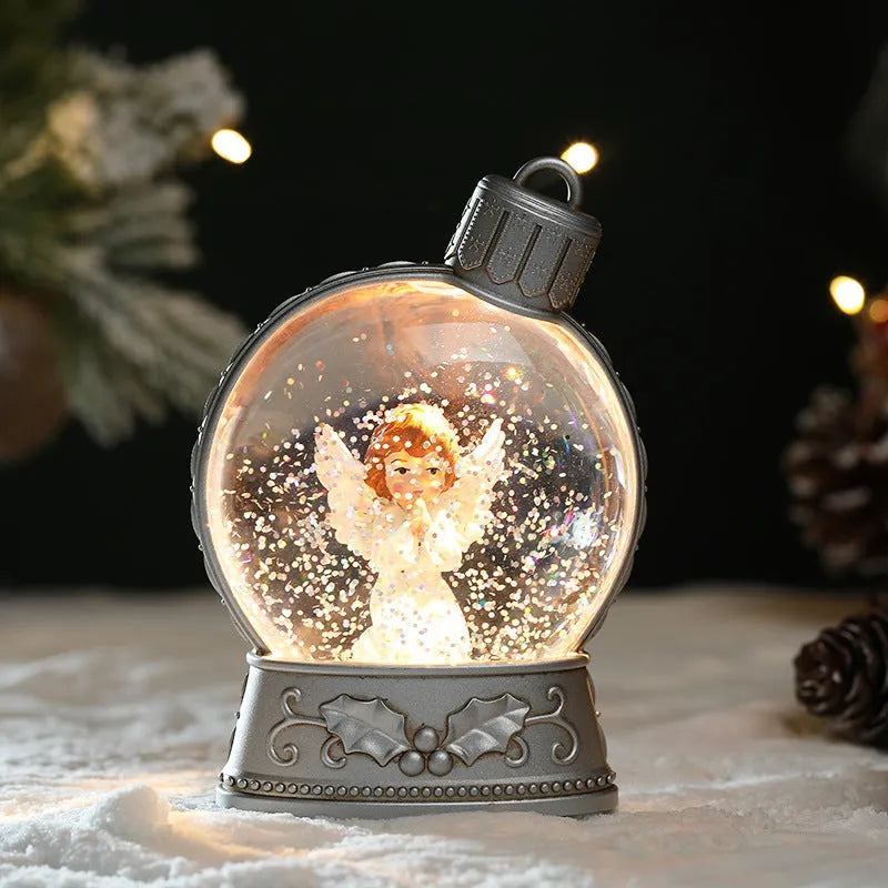 Four battery-powered Christmas LED flat light decorations: old man, snowman, children's tree and angel figures.