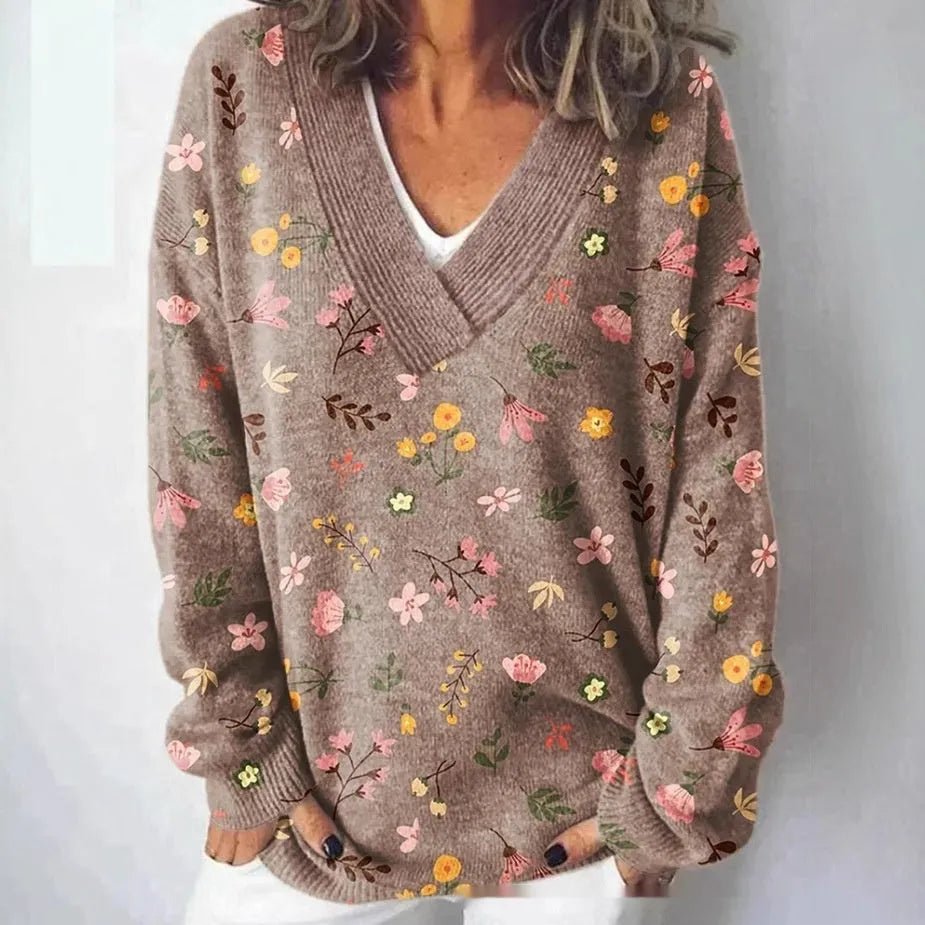 Women's long sleeve V-neck sweatshirt with a detailed 3D floral print in an art retro style.