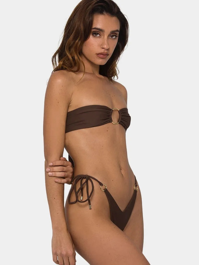 Brown women's tube-top push-up bikini swimsuit with ring tether details.