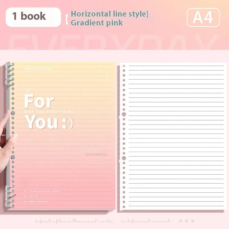 Removable coil gradient notebook in A4 size with blue cover, open to show wood-free paper pages.
