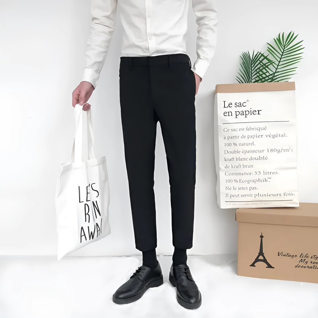 Men's Korean-style cotton straight-leg pants with drawstring waist in black, grey, or khaki