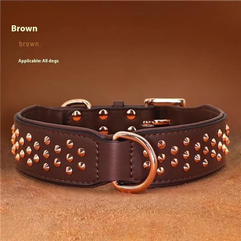 A leather dog collar with metal rivets, shown in black, chocolate, and pink colour options.