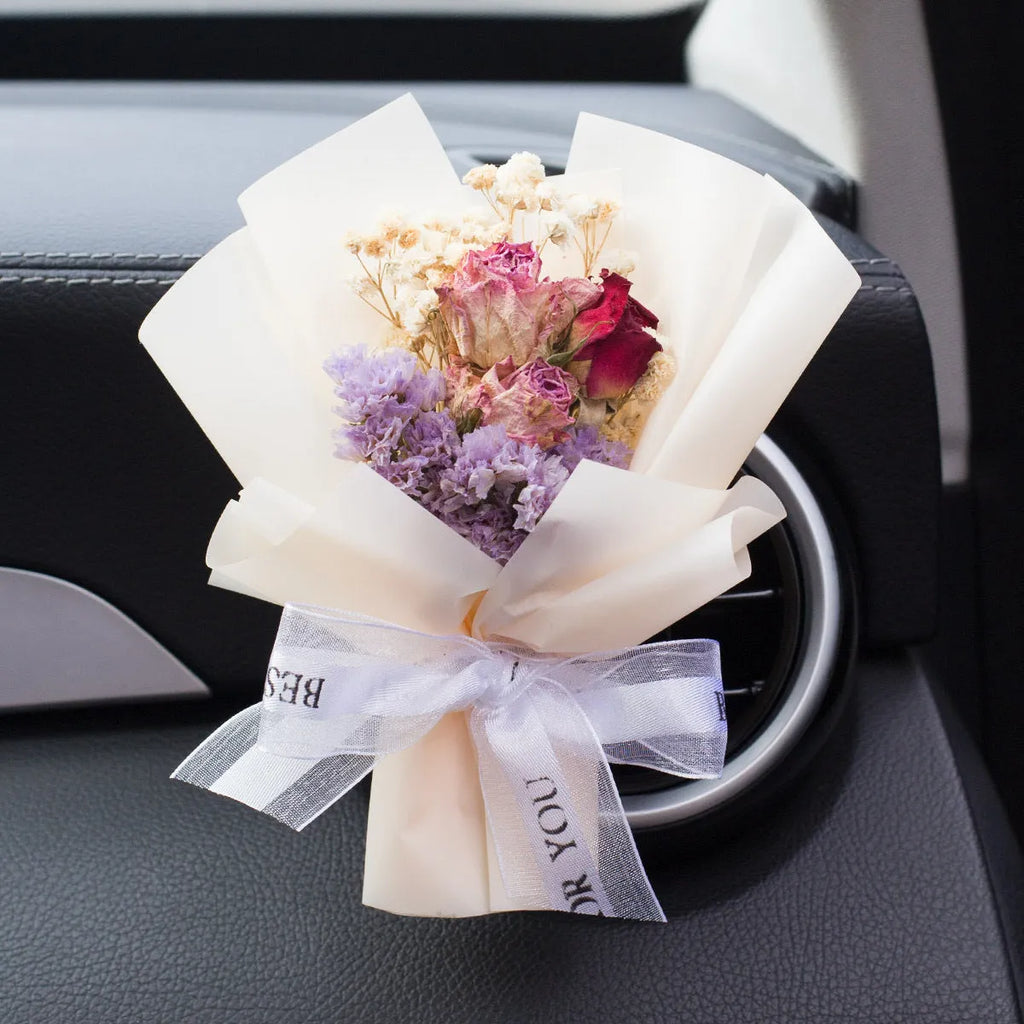 Handmade dried flower bouquet car vent air freshener clip in assorted colours.